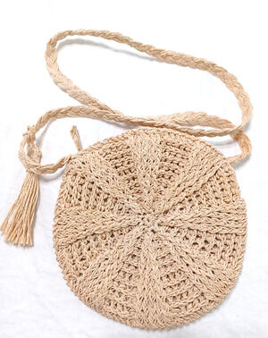 Ciel Round Beige Woven Rattan Look Paper Crossbody 9" Zip Bag Purse Boho